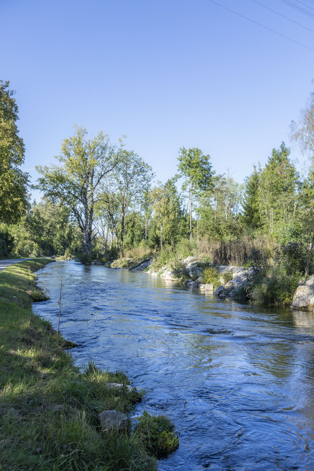 Klarer Fluss mit Steinufer und Laubbäumen unter blauem Himmel