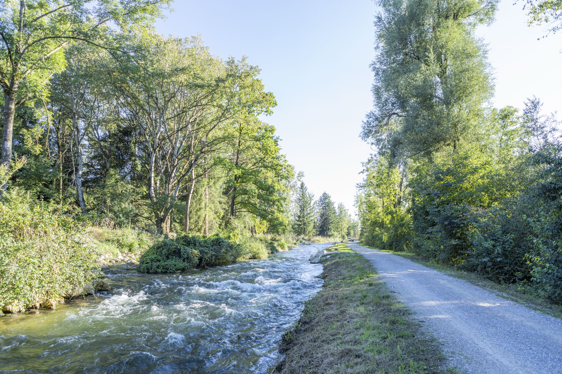 Rauschender Kanal neben einem Kiesweg, gesäumt von hohen Bäumen