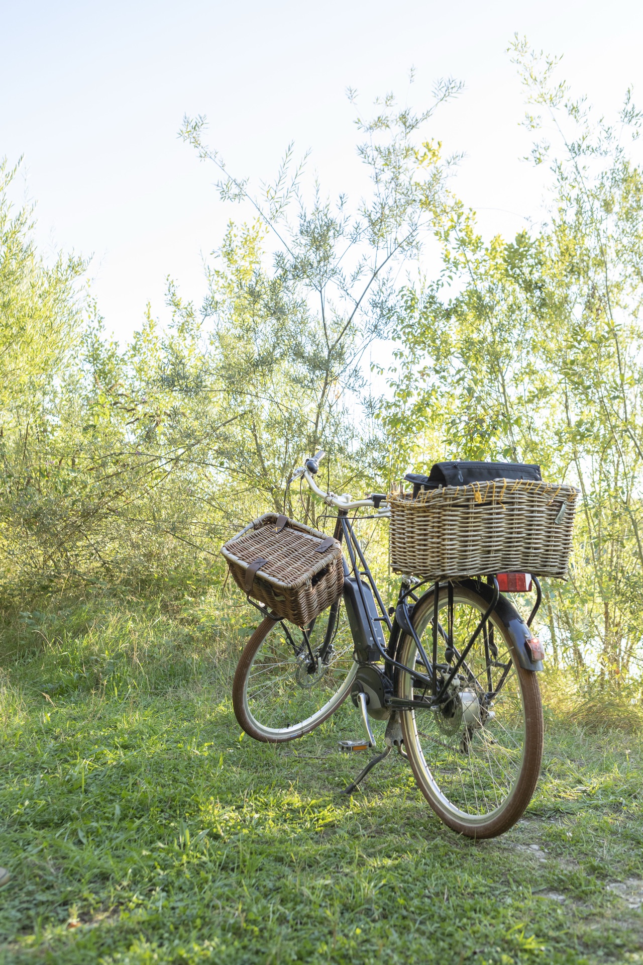 Altes Fahrrad mit Weidenkörben vorn und hinten auf einer Wiese
